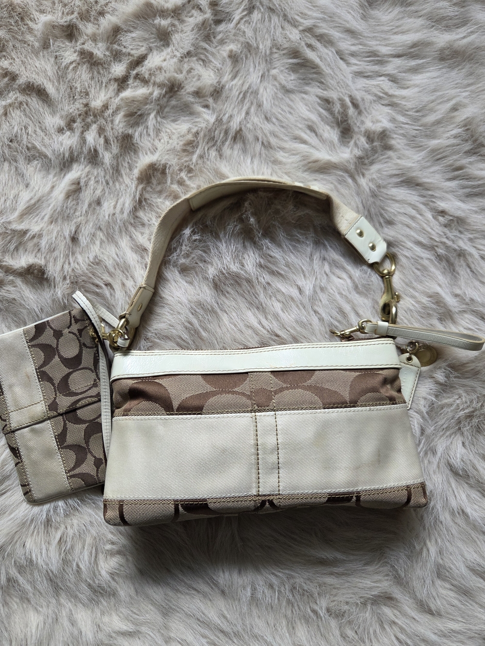 Coach Signature Canvas and Leather Bag And  Wristlet in Khaki/Chalk
